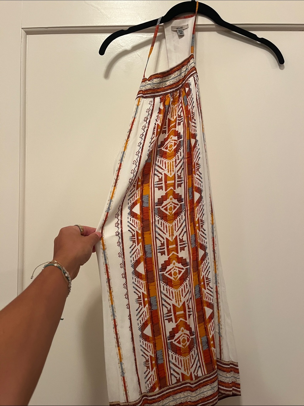 Ecote Halter Mini Dress in White and Rust-Orange Tribal Print